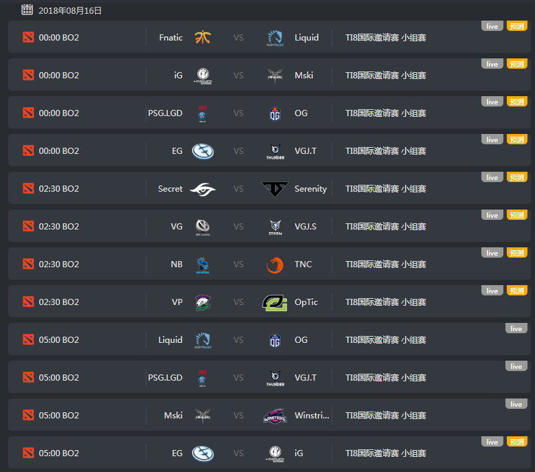 DOTA2 Ti8国际邀请赛8月16日赛程时间表