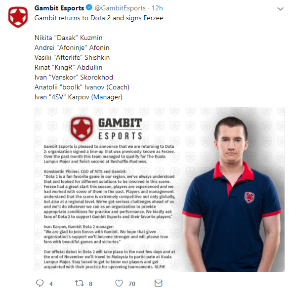 Gambit收购Ferzee战队 再度进军DOTA2